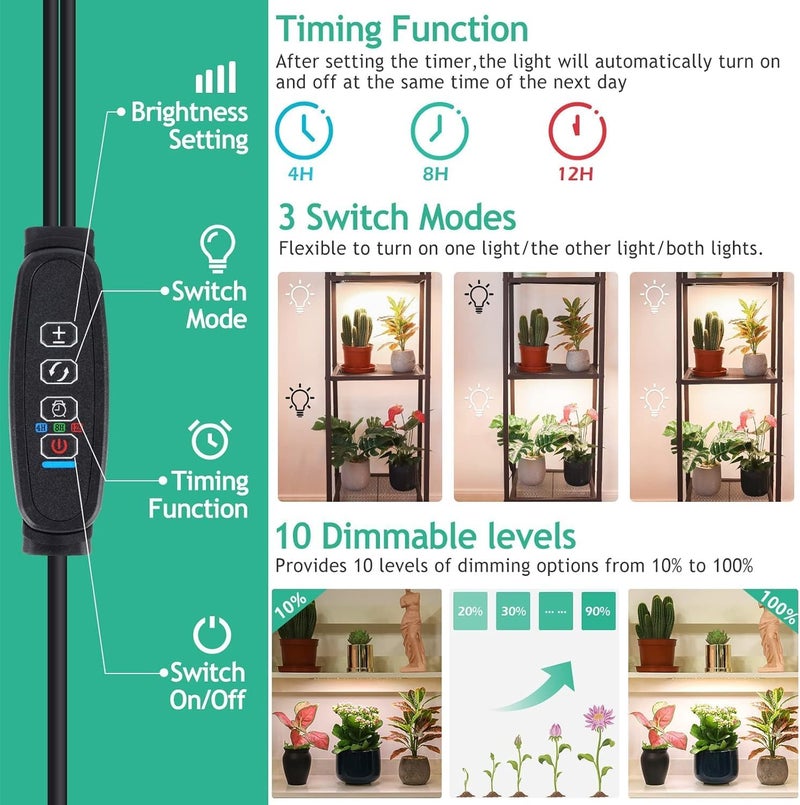 LBW Plant Grow Light, Full Spectrum Plant Light for Indoor Growing, 270 LEDs Growing Lamp with Auto On/Off Timer 4/8/12H, 3 Lighting Modes, 10 Dimmable Levels, 2 Pack - Image 4